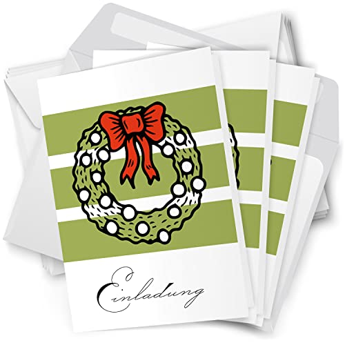 10 x Einladungskarten Klappkarten Weihnachten mit Umschlag zur Weihnachtsfeier Motiv Kranz Streifen rote Schleife von Einladungskarten Manufaktur Hamburg