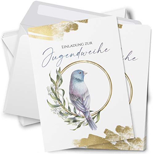 8 Einladungskarten Jugendweihe mit Umschlägen Motiv Vogel Taube Einladung Karten weiss zur Feier Jungen Mädchen rosa blau von Einladungskarten Manufaktur Hamburg