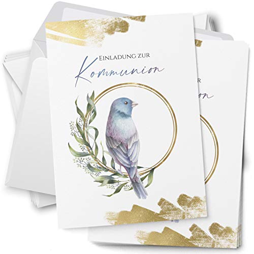 10 Einladungskarten Kommunion mit Umschlägen Motiv Vogel Taube Eukalyptus weiss grün Einladung Karten zur Feier Jungen Mädchen rosa blau von Einladungskarten Manufaktur Hamburg