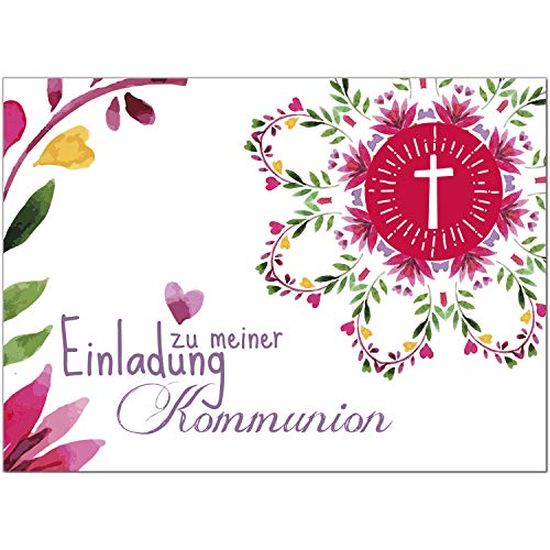 10 x Einladungskarten Kommunion mit Umschlag/Aquarell Bunt mit Herz und Blüten/Kommunionskarten/Einladungen zur Feier von Einladungskarten Manufaktur Hamburg