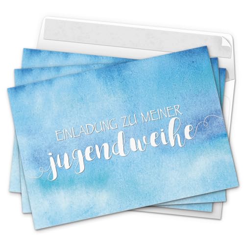 10 x Einladungskarten zur Jugendweihe mit Umschlag/blau Aquarell für Jungen und Mädchen/Jugendweihekarten/Einladungen zur Feier von Einladungskarten Manufaktur Hamburg