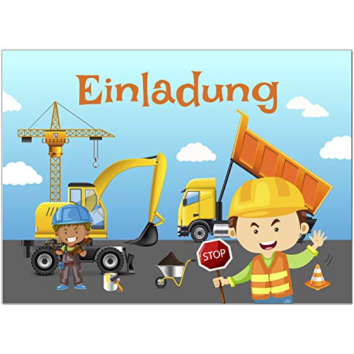 8 Einladungskarten Kindergeburtstag mit Umschlägen, Baustelle, Bauarbeiter und Bagger, Karte Geburtstag Einladung zum Ausfüllen von Einladungskarten Manufaktur Hamburg
