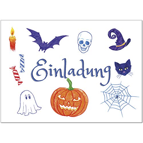 8 Halloween Einladungen mit Umschlägen - Gezeichnete gruselige Objekte - Tolle Einladungskarten für die Halloween-Party für Kinder und Erwachsene von Einladungskarten Manufaktur Hamburg