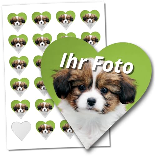 24 Herz Foto Aufkleber mit eigenem Bild PERSONALISIERT Etiketten individuelle Fotos Hochzeit Baby Geburtstag Schule Gastgeschenke Mitgebsel Taufe ca. 4cm von Einladungskarten Manufaktur Hamburg