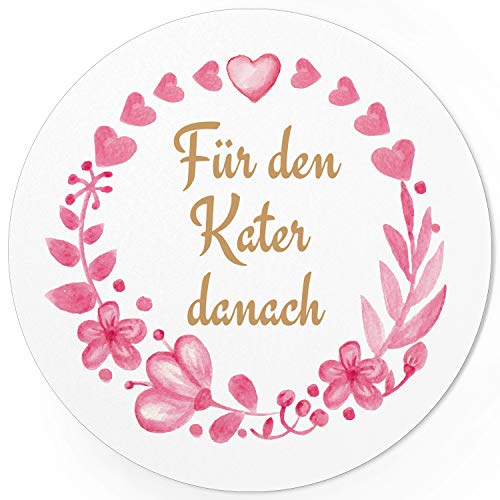 24 runde Design Etiketten - Für den Kater danach - Aufkleber für Gastgeschenke - Motiv: Rosa Aquarell Blumen mit Herzen von Einladungskarten Manufaktur Hamburg