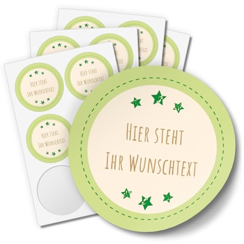 24 runde Design Etiketten MIT IHREM TEXT personalisiert - Design Grüne Sterne mit 2 Zeilen - Individuelle Aufkleber für Hochzeit, Save the Date, Namen, Geschenke, Danke sagen, Taufe, Einladung von Einladungskarten Manufaktur Hamburg