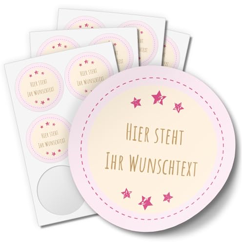 24 runde Design Etiketten MIT IHREM TEXT personalisiert - Design Rosa Sterne mit 2 Zeilen - Individuelle Aufkleber für Hochzeit, Save the Date, Namen, Geschenke, Danke sagen, Taufe, Einladung von Einladungskarten Manufaktur Hamburg