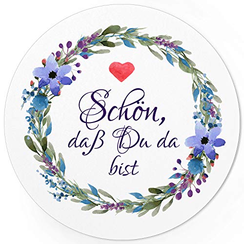24 runde Design Etiketten - Schön, dass Du da bist Aufkleber für Gastgeschenke - Motiv: Aquarell Blumenkranz mit Herz von Einladungskarten Manufaktur Hamburg