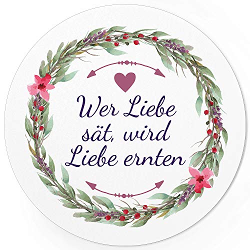 24 runde Design Etiketten - Wer Liebe sät, wird Liebe ernten - Aufkleber für Gastgeschenke - Motiv: Blumenkranz Aquarell mit Herz rosa lila von Einladungskarten Manufaktur Hamburg