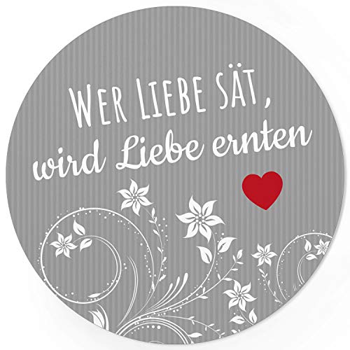 24 runde Design Etiketten - Wer Liebe sät, wird Liebe ernten - Aufkleber für Gastgeschenke - Motiv: Grau Streifen Blumen mit rotem Herz 24 runde Design Etiketten - Wer Liebe sät, wird Liebe ernten - Aufkleber für Gastgeschenke - Motiv: Grau Streifen Blumen mit rotem Herz von Einladungskarten Manufaktur Hamburg