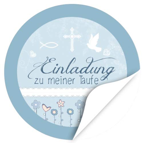 48 Design Etiketten, rund/Einladung zu meiner Taufe - blau/Thema Taufe, getauft/Aufkleber/Sticker/für die Feier und Gäste als Dankeschön von Einladungskarten Manufaktur Hamburg