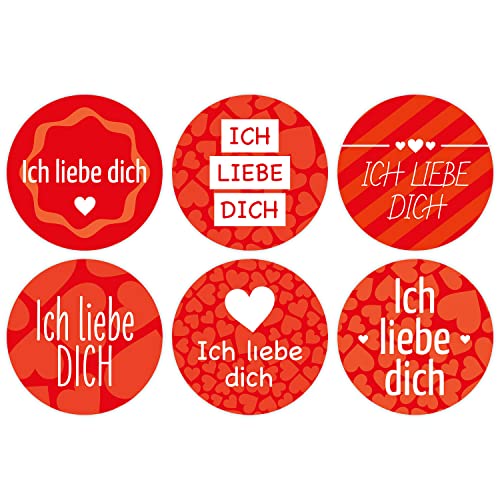 48 kleine runde Etiketten Thema Liebe, Valentinstag, Hochzeit mit 6 Motiven Ich liebe Dich Rot Herzen Set von Einladungskarten Manufaktur Hamburg