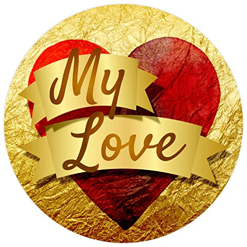 48 kleine runde Etiketten Thema Liebe, Valentinstag, Hochzeit mit Motiv MY LOVE Herz mit Schriftzug Schleife von Einladungskarten Manufaktur Hamburg