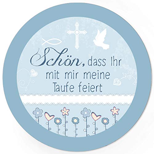 48 runde Design Etiketten - Schön, dass Ihr mit mir meine Taufe feiert - Blaue Symbole/Thema getauft/Aufkleber für die Feier und Gäste als Dankeschön von Einladungskarten Manufaktur Hamburg