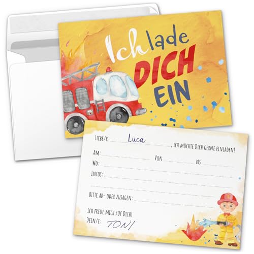 8 Feuerwehr Einladungskarten Kindergeburtstag mit Umschlägen, Aquarell Feuerwehrmann, Karte Geburtstag Einladung zum Ausfüllen 8 Feuerwehr Einladungskarten Kindergeburtstag mit Umschlägen, Aquarell Feuerwehrmann, Karte Geburtstag Einladung zum Ausfüllen von Einladungskarten Manufaktur Hamburg