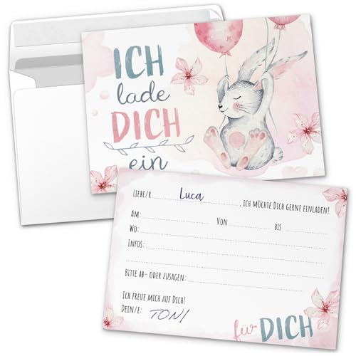 8 Einladungskarten Kindergeburtstag mit Umschlägen, Aquarell Hase niedlich rosa, Karte Geburtstag Einladung zum Ausfüllen von Einladungskarten Manufaktur Hamburg