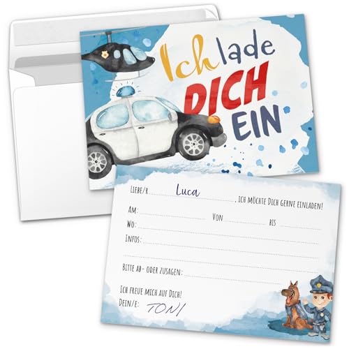 8 Einladungskarten Kindergeburtstag mit Umschlägen, Aquarell Polizei Hubschrauber Polizist, Karte Geburtstag Einladung zum Ausfüllen von Einladungskarten Manufaktur Hamburg