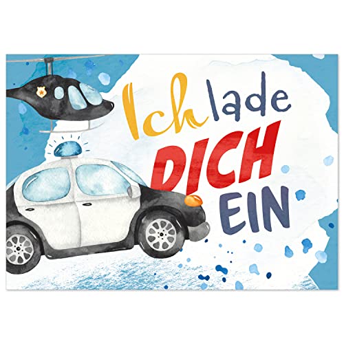 8 Einladungskarten Kindergeburtstag mit Umschlägen, Aquarell Polizei Hubschrauber Polizist, Karte Geburtstag Einladung zum Ausfüllen von Einladungskarten Manufaktur Hamburg