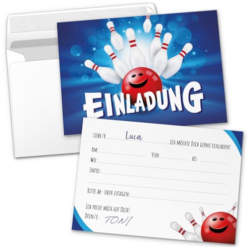 8 Einladungskarten Kindergeburtstag mit Umschlägen, Bowling Bowlen gehen, Karte Geburtstag Einladung zum Ausfüllen von Einladungskarten Manufaktur Hamburg