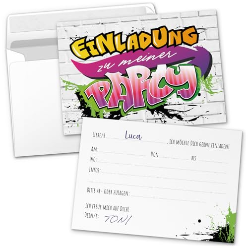 8 Einladungskarten Kindergeburtstag mit Umschlägen, Coole Spray Graffiti Wand, Karte Geburtstag Einladung zum Ausfüllen 8 Einladungskarten Kindergeburtstag mit Umschlägen, Coole Spray Graffiti Wand, Karte Geburtstag Einladung zum Ausfüllen von Einladungskarten Manufaktur Hamburg