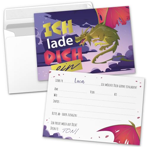 8 Einladungskarten Kindergeburtstag mit Umschlägen, Fliegender Drache, Karte Geburtstag Einladung zum Ausfüllen 8 Einladungskarten Kindergeburtstag mit Umschlägen, Fliegender Drache, Karte Geburtstag Einladung zum Ausfüllen von Einladungskarten Manufaktur Hamburg