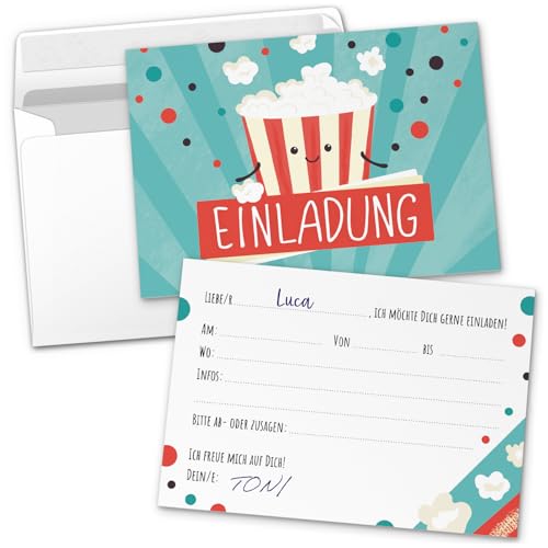 8 Einladungskarten Kindergeburtstag mit Umschlägen, Popcorn Kino Film, Karte Geburtstag Einladung zum Ausfüllen 8 Einladungskarten Kindergeburtstag mit Umschlägen, Popcorn Kino Film, Karte Geburtstag Einladung zum Ausfüllen von Einladungskarten Manufaktur Hamburg