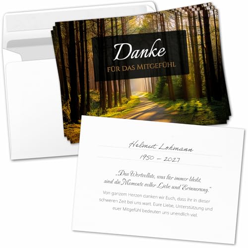 8 Trauer Danksagungskarten ausfüllbar mit Umschlag - Danke Trauerkarten Postkarten Beerdigung Ausfüllen mit Text Motiv Friedwald Baum Lichtung Wald von Einladungskarten Manufaktur Hamburg