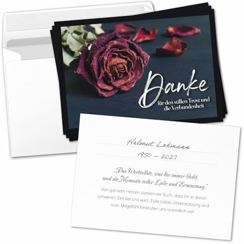 8 Trauer Danksagungskarten ausfüllbar mit Umschlag - Danke Trauerkarten Postkarten nach Beerdigung zum Ausfüllen mit Text Motiv Rote Rose Rosen Blume 8 Trauer Danksagungskarten ausfüllbar mit Umschlag - Danke Trauerkarten Postkarten nach Beerdigung zum Ausfüllen mit Text Motiv Rote Rose Rosen Blume von Einladungskarten Manufaktur Hamburg