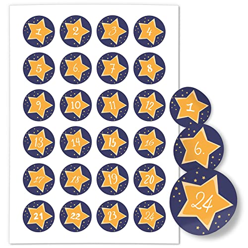 Adventskalender-Zahlen Aufkleber 1 bis 24 / Gelbe Sterne auf Blau/Etiketten/Sticker/Weihnachtskalender/Advent/Rund/DIY/zum Aufkleben von Einladungskarten Manufaktur Hamburg