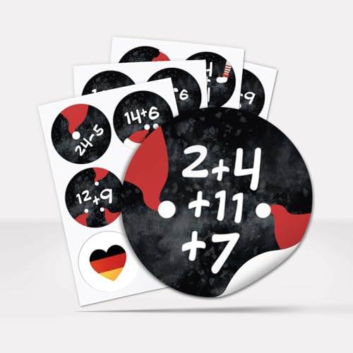 Adventskalender Zahlen Aufkleber, 24 Stück rund 4 cm - Mathe Aufgaben Rechnen Schwarz Rot für Kinder - Weihnachtskalender Zahlen Etiketten für Adventskalender Etiketten für Geschenke und Kalender von Einladungskarten Manufaktur Hamburg