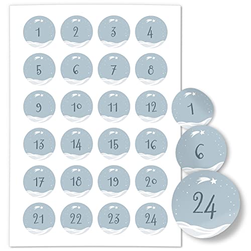 Adventskalender-Zahlen Aufkleber 1 bis 24 / Schneelandschaft/Etiketten/Sticker/Weihnachtskalender/Advent/Rund/DIY/zum Aufkleben von Einladungskarten Manufaktur Hamburg