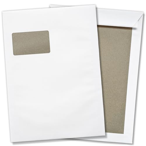Briefumschläge mit Fenster DIN C4 weiß Papprückwand | 25 Stück | selbstklebend | Versandtaschen PREMIUM Qualität, stabile Kuverts Pappe (229 × 324 mm) Innen grau - Bewerbung Unterlagen geschäftlich von Einladungskarten Manufaktur Hamburg