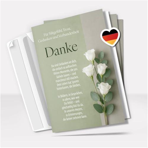 Danksagung Trauer mit Text | 10 Danke Klappkarten mit Umschlag | Schöner Spruch Blume Rose weiss | Dankeskarten | Trauerkarten Danksagungskarten A6 Faltkarte | Doppelkarte von Einladungskarten Manufaktur Hamburg