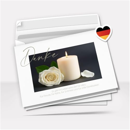 Danksagung Trauer mit Text | 10 Danke Klappkarten mit Umschlag | Weise Rose Kerze Blüte | Dankeskarten | Trauerkarten Danksagungskarten A6 Faltkarte | Doppelkarte von Einladungskarten Manufaktur Hamburg