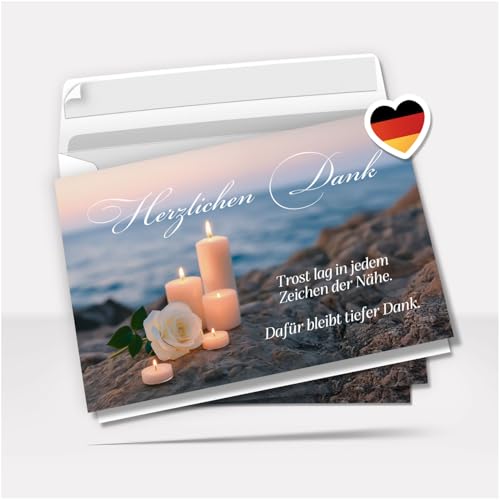 Danksagung Trauer mit Text | 10 Danke Klappkarten mit Umschlag | Weisse Rose Blumen Kerzen Strand | Dankeskarten | Trauerkarten Danksagungskarten A6 von Einladungskarten Manufaktur Hamburg