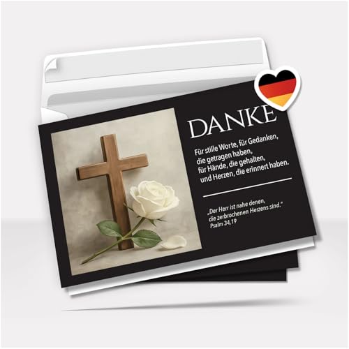 Danksagung Trauer mit Text | 10 Danke Klappkarten mit Umschlag | Weisse Rose vor Kreuz | Dankeskarten | Trauerkarten Danksagungskarten A6 Faltkarte | Doppelkarte von Einladungskarten Manufaktur Hamburg