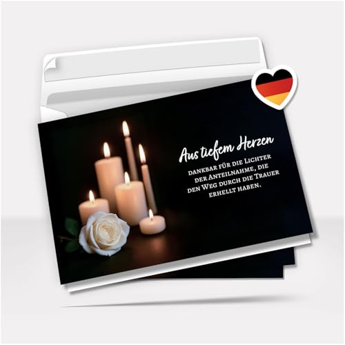 Danksagung Trauer mit Text | 10 Danke Klappkarten mit Umschlag | weisse Rose Kerzen | Dankeskarten | Trauerkarten Danksagungskarten A6 Faltkarte | Doppelkarte von Einladungskarten Manufaktur Hamburg