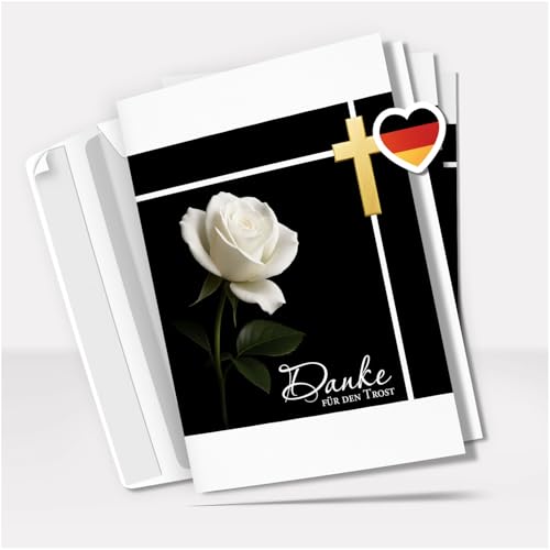 Danksagung Trauer mit Text | 10 Danke Klappkarten mit Umschlag | weisse Rosen Blüte | Dankeskarten | Trauerkarten Danksagungskarten A6 Faltkarte | Doppelkarte von Einladungskarten Manufaktur Hamburg