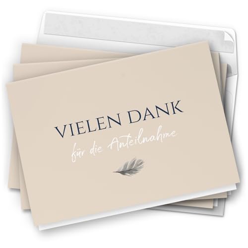 Danksagungskarten Trauer – 10 Klappkarten mit Umschlägen – Motiv: Feder auf Beige – Trauerkarten Danksagung mit Text – Dankeskarten Trauer nach Beerdigung Danksagungskarten Trauer – 10 Klappkarten mit Umschlägen – Motiv: Feder auf Beige – Trauerkarten Danksagung mit Text – Dankeskarten Trauer nach Beerdigung von Einladungskarten Manufaktur Hamburg