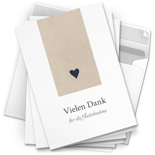Danksagungskarten Trauer – 10 Stück mit Umschlägen – Motiv: Schlichtes Herz – Trauerkarten Danksagung mit Text – Dankeskarten Trauer nach Beerdigung von Einladungskarten Manufaktur Hamburg