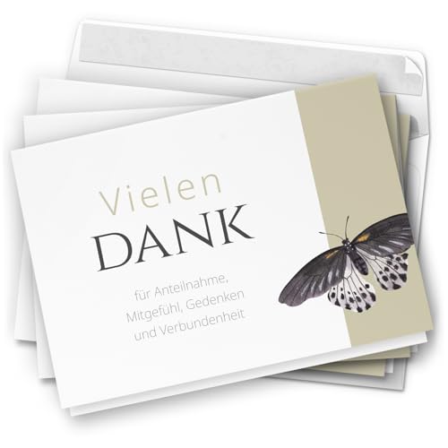 Danksagungskarten Trauer – 10 Stück mit Umschlägen – Motiv: Schmetterling auf Beige – Trauerkarten Danksagung mit Text Dankeskarten Trauer Beerdigung Danksagungskarten Trauer – 10 Stück mit Umschlägen – Motiv: Schmetterling auf Beige – Trauerkarten Danksagung mit Text Dankeskarten Trauer Beerdigung von Einladungskarten Manufaktur Hamburg