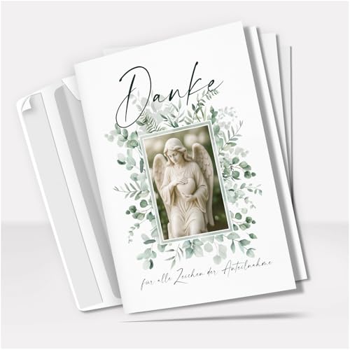 Danksagungskarten Trauer mit Text | 10 Danke Klappkarten mit Umschlag | Engel Statue mit Herz Eukalyptus | Dankeskarten | Trauerkarten Danksagung A6 Faltkarte | Doppelkarte von Einladungskarten Manufaktur Hamburg