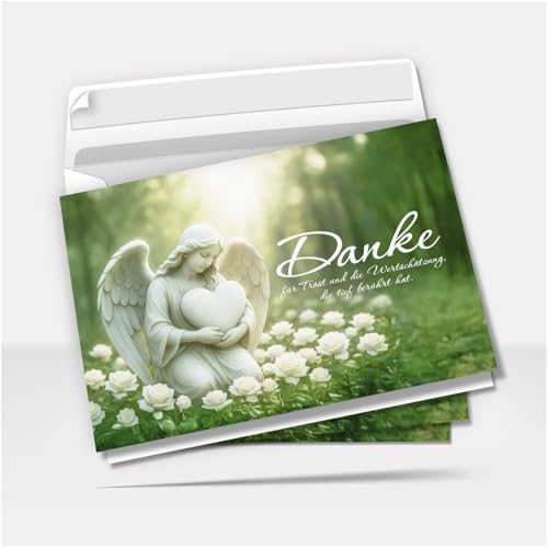 Danksagungskarten Trauer mit Text | 10 Danke Klappkarten mit Umschlag | Engel mit Herz im Wald | Dankeskarten | Trauerkarten Danksagung A6 Faltkarte | Doppelkarte von Einladungskarten Manufaktur Hamburg