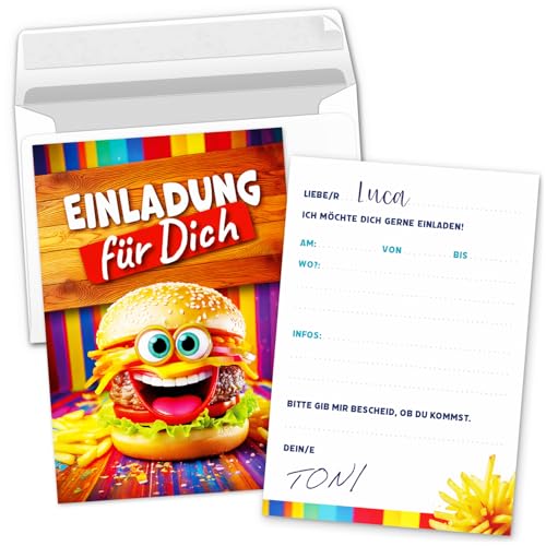 Einladungskarten Kindergeburtstag – 8 Karten Set mit Umschlägen | Einladungen Kinder Geburtstag | Burger Essen Pommes | Einladung für Kinder zum Ausfüllen Einladungskarten Kindergeburtstag – 8 Karten Set mit Umschlägen | Einladungen Kinder Geburtstag | Burger Essen Pommes | Einladung für Kinder zum Ausfüllen von Einladungskarten Manufaktur Hamburg