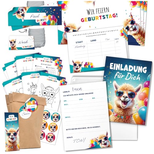 Einladungskarten Kindergeburtstag Lama Party SET - Karten, Umschlag, Aufkleber, Tüten, Spiele, Mitgebsel und Namenskärtchen von Einladungskarten Manufaktur Hamburg