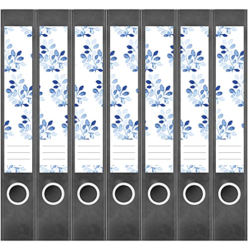 Etiketten für Ordner | Muster Blau Blättchen | 7 Aufkleber für schmale Ordnerrücken | Selbstklebende Design Ordneretiketten Rückenschilder von Einladungskarten Manufaktur Hamburg