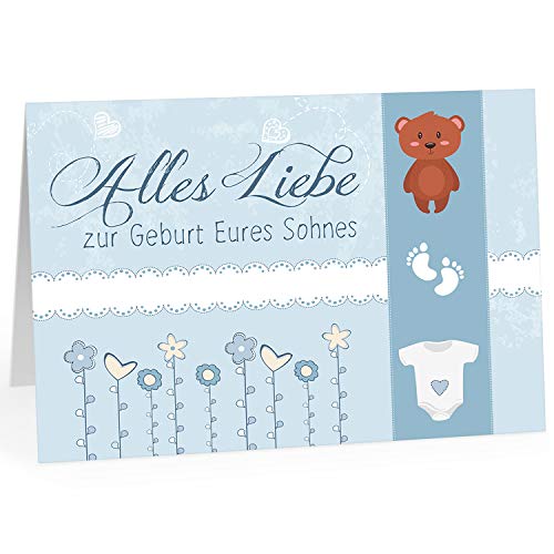 Große Design Glückwunsch-Karte XXL (A4) zur Geburt, Motiv: Alles Liebe zur Geburt Blaue Illustrationen/mit Umschlag/Edle Klappkarte/Maxi Gruß-Karte/Baby geboren/Gratulation Eltern von Einladungskarten Manufaktur Hamburg