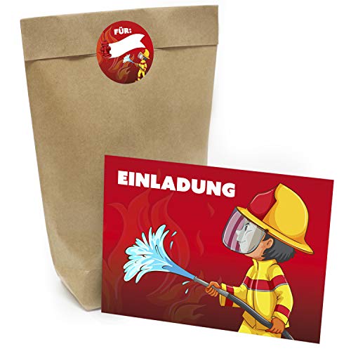 Kindergeburtstag Einladung Set mit je 8 Einladungskarten, Umschlägen, Tüten und Aufkleber - Motiv Feuerwehr von Einladungskarten Manufaktur Hamburg