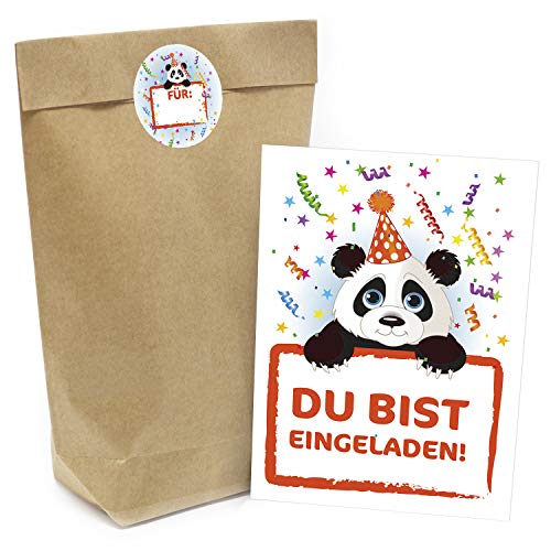 Kindergeburtstag Einladung Set mit je 8 Einladungskarten, Umschlägen, Tüten und Aufkleber - Motiv Panda von Einladungskarten Manufaktur Hamburg
