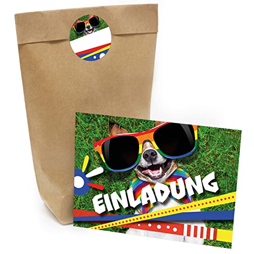 Kindergeburtstag Einladung Set mit je 8 Einladungskarten, Umschlägen, Tüten und Aufkleber - Cooler Hund von Einladungskarten Manufaktur Hamburg